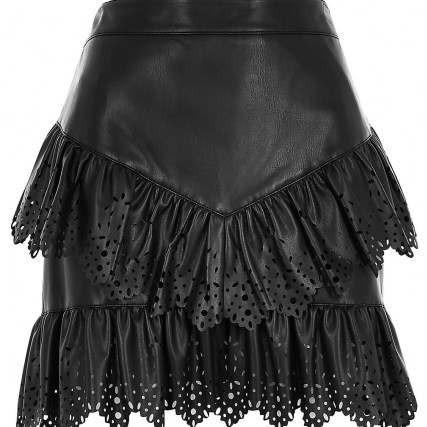 River Island Black faux leather cutwork frill mini skirt