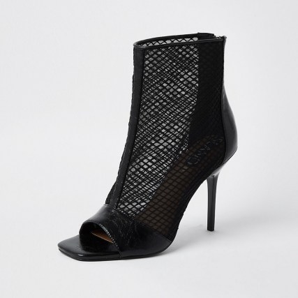 RIVER ISLAND Black mesh zip front shoe boots / peep toe booties / stiletto heels - flipped