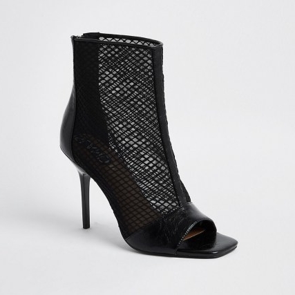 RIVER ISLAND Black mesh zip front shoe boots / peep toe booties / stiletto heels