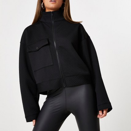 RIVER ISLAND Black quilted zip through shacket ~ high neck shackets - flipped