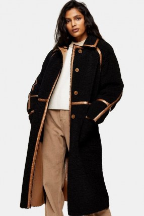 Topshop Black Reversible Borg And Tan PU Coat – faux textured fur coats – faux leather outerwear