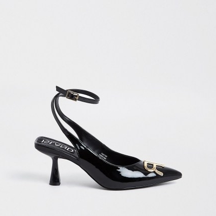RIVER ISLAND Black RI branded sling back heels / pointy patent slingbacks / logo embellished shoes