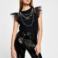 RIVER ISLAND Black short sleeve ‘Paris’ necklace mesh tee / slogan t-shirts