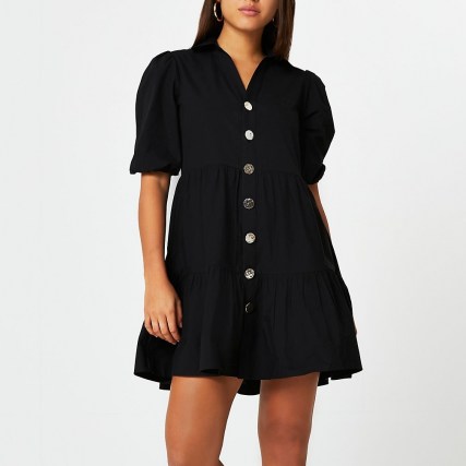 River Island Black tier shirt mini dress | tiered puff sleeve dresses - flipped