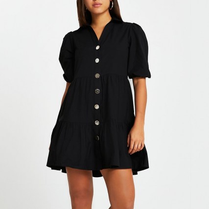 River Island Black tier shirt mini dress | tiered puff sleeve dresses