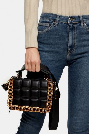 Topshop Black Webbed Chain Cross Body Bag | quilt detail bags | chunky chains on handbags | quilted top handle handbag