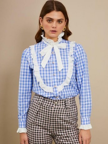 sister jane Giggle Gingham Bow Blouse Blue and White / ruffle trim checked blouses / high ruffled neck - flipped