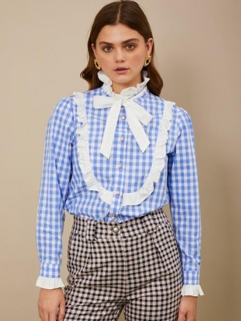 sister jane Giggle Gingham Bow Blouse Blue and White / ruffle trim checked blouses / high ruffled neck