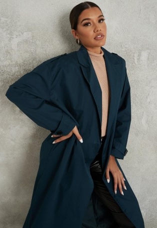 Missguided blue double breasted long trench coat | longline coats
