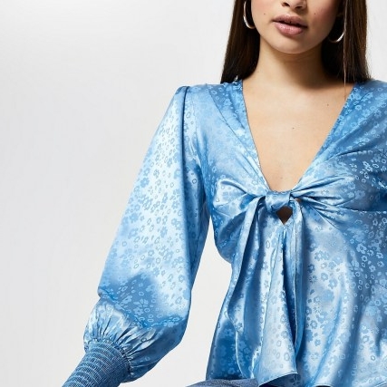 River Island Blue floral print tie front blouse | plunge front blouses