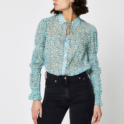 RIVER ISLAND Blue floral tie neck shirt - flipped