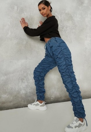 MISSGUIDED blue ruched front jogger jeans ~ gathered denim - flipped
