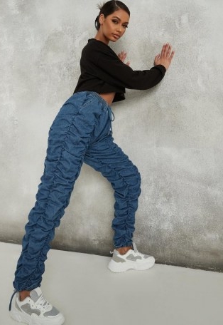 MISSGUIDED blue ruched front jogger jeans ~ gathered denim