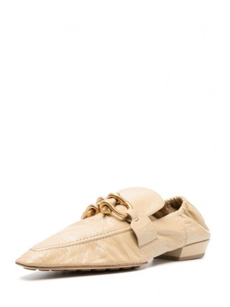Bottega Veneta Madame moccasin loafers | luxe low heel loafer | beige point toe flats | horsebit detail shoes | pointy toes