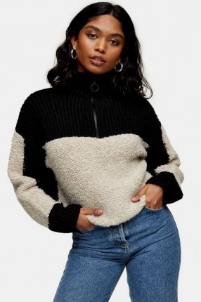 Topshop Boucle Zip Up Funnel Knitted Jumper