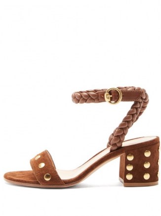 GIANVITO ROSSI 60 Braided-strap studded suede sandals ~ tan brown vintage look block heels ~ retro shoes - flipped