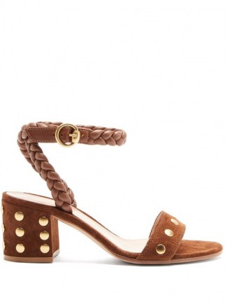 GIANVITO ROSSI 60 Braided-strap studded suede sandals ~ tan brown vintage look block heels ~ retro shoes