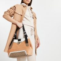 RIVER ISLAND Brown faux suede monogram slouch bag