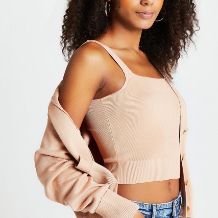 River Island Brown ribbed cami and cardigan set | rib knit camisole sets | cardigan co ords - flipped