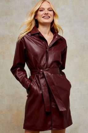 Topshop Burgundy PU Longline Belted Shacket – faux leather shackets ~ dark red shirts dresses - flipped