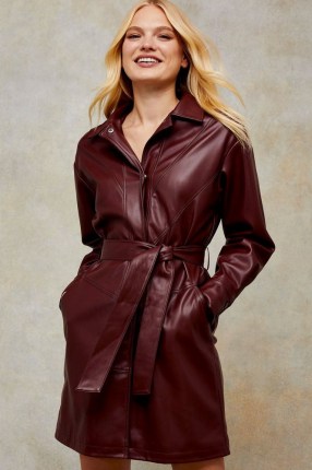 Topshop Burgundy PU Longline Belted Shacket – faux leather shackets ~ dark red shirts dresses