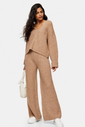 Topshop Camel Lounge Knitted Hoodie And Trousers Co-Ord | neutral knitted loungewear - flipped