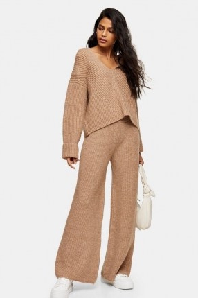 Topshop Camel Lounge Knitted Hoodie And Trousers Co-Ord | neutral knitted loungewear