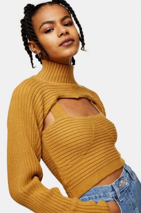 TOPSHOP Camel Ribbed Funnel Neck Knitted Jumper And Crop Top Set ~ light brown knitwear sets - flipped