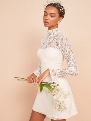 REFORMATION Carraway Dress ~ ivory lace mini length bridal dresses ~ high neck ~ beautiful alternatives to wedding gowns - flipped