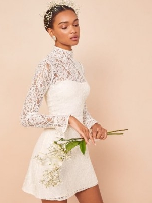 REFORMATION Carraway Dress ~ ivory lace mini length bridal dresses ~ high neck ~ beautiful alternatives to wedding gowns