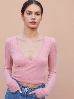 Reformation Cashmere Faux Wrap Sweater | rose pink cropped sweaters - flipped