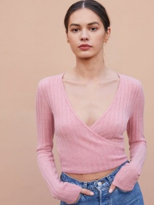 Reformation Cashmere Faux Wrap Sweater | rose pink cropped sweaters