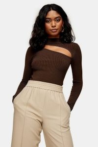 TOPSHOP Chocolate Brown Spliced Knitted Top ~ long sleeve cut out tops
