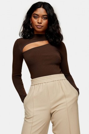 TOPSHOP Chocolate Brown Spliced Knitted Top ~ long sleeve cut out tops - flipped