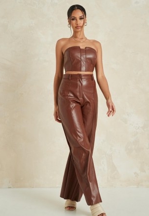 MISSGUIDED chocolate co ord faux leather wide leg trousers