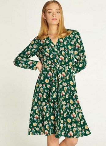 L.K. BENNETT CHRISTY GREEN ANEMONE PRINT SILK DRESS / floral tie waist dresses - flipped