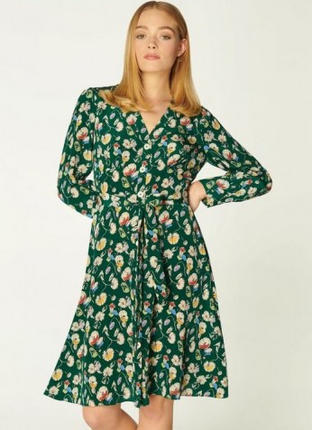 L.K. BENNETT CHRISTY GREEN ANEMONE PRINT SILK DRESS / floral tie waist dresses