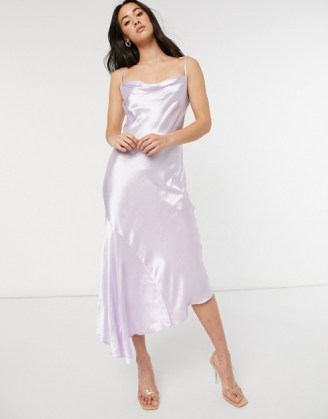 Closet London cowl neck asymmetric satin midi dress in lilac ~ draped hem cami strap dresses - flipped