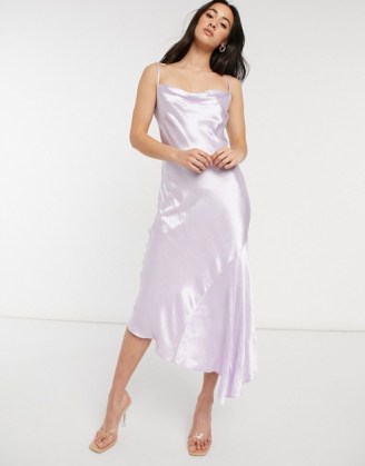 Closet London cowl neck asymmetric satin midi dress in lilac ~ draped hem cami strap dresses