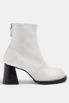 TOPSHOP CONSIDERED VILLA Vegan White Scoop Toe Boots / faux leather flared heel boot / on trend footwear - flipped