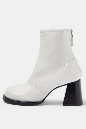 TOPSHOP CONSIDERED VILLA Vegan White Scoop Toe Boots / faux leather flared heel boot / on trend footwear
