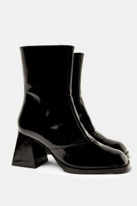 TOPSHOP CONSIDERED VINNIE Vegan Black Block Boots / patent flared heel boots / faux leather footwear