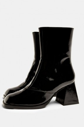 TOPSHOP CONSIDERED VINNIE Vegan Black Block Boots / patent flared heel boots / faux leather footwear - flipped