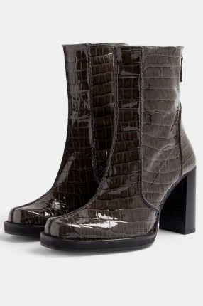 TOPSHOP CONSIDERED VIVIENNE Vegan Patent Grey Croc Platform Boots / crocodile effect faux leather footwear - flipped