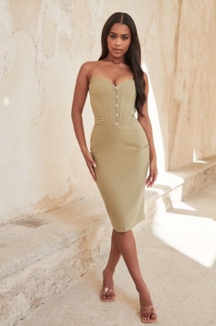 lavish alice corset bandeau midi dress in sage ~ green strapless fitted bodice dresses - flipped