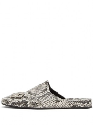 BALENCIAGA Cosy BB-plaque backless python-effec leather loafers | snake embossed flats - flipped