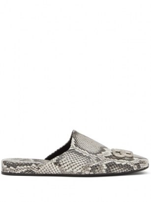 BALENCIAGA Cosy BB-plaque backless python-effec leather loafers | snake embossed flats