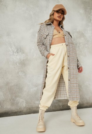MISSGUIDED cream check relaxed utility long shacket ~ longline checked shackets