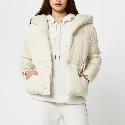 RIVER ISLAND Cream drawcord shawl puffer coat ~ casual style padded jackets - flipped