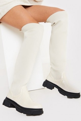 IN THE STYLE CREAM KNEE HIGH SOCK BOOTS ~ monochrome footwear - flipped